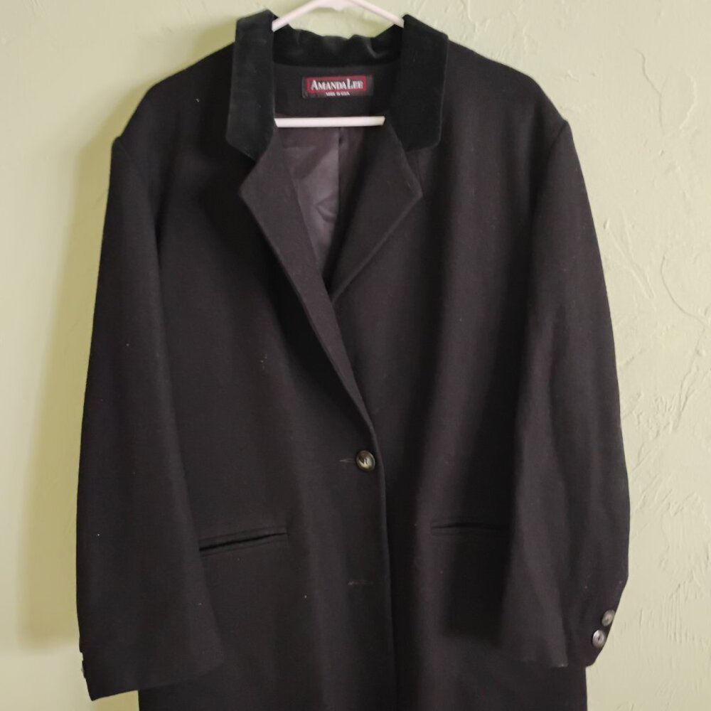 Amanda Lee Vintage 100% Wool Jacket, Velour Collar, Black, Size Large